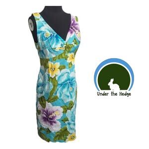 Jones New York Aqua Hawaiian Floral Stretch Dress Size 6 Tropical Sheath Q2